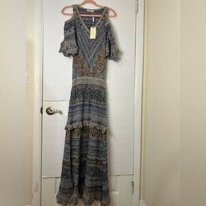 Cecilia Prado Crochet Lace Cold Shoulder V Neck Metallic Maxi dress